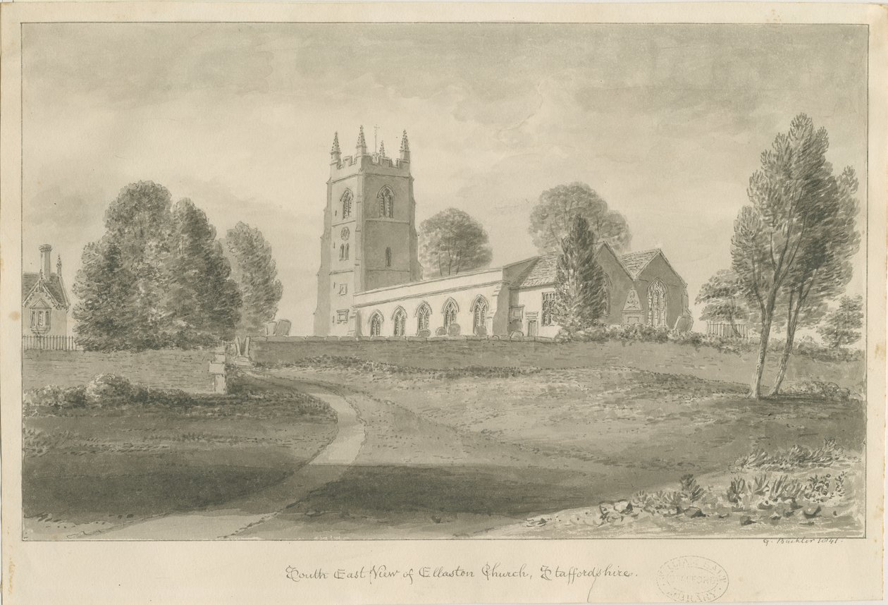 Ellastone Kerk: sepia tekening door George Buckler