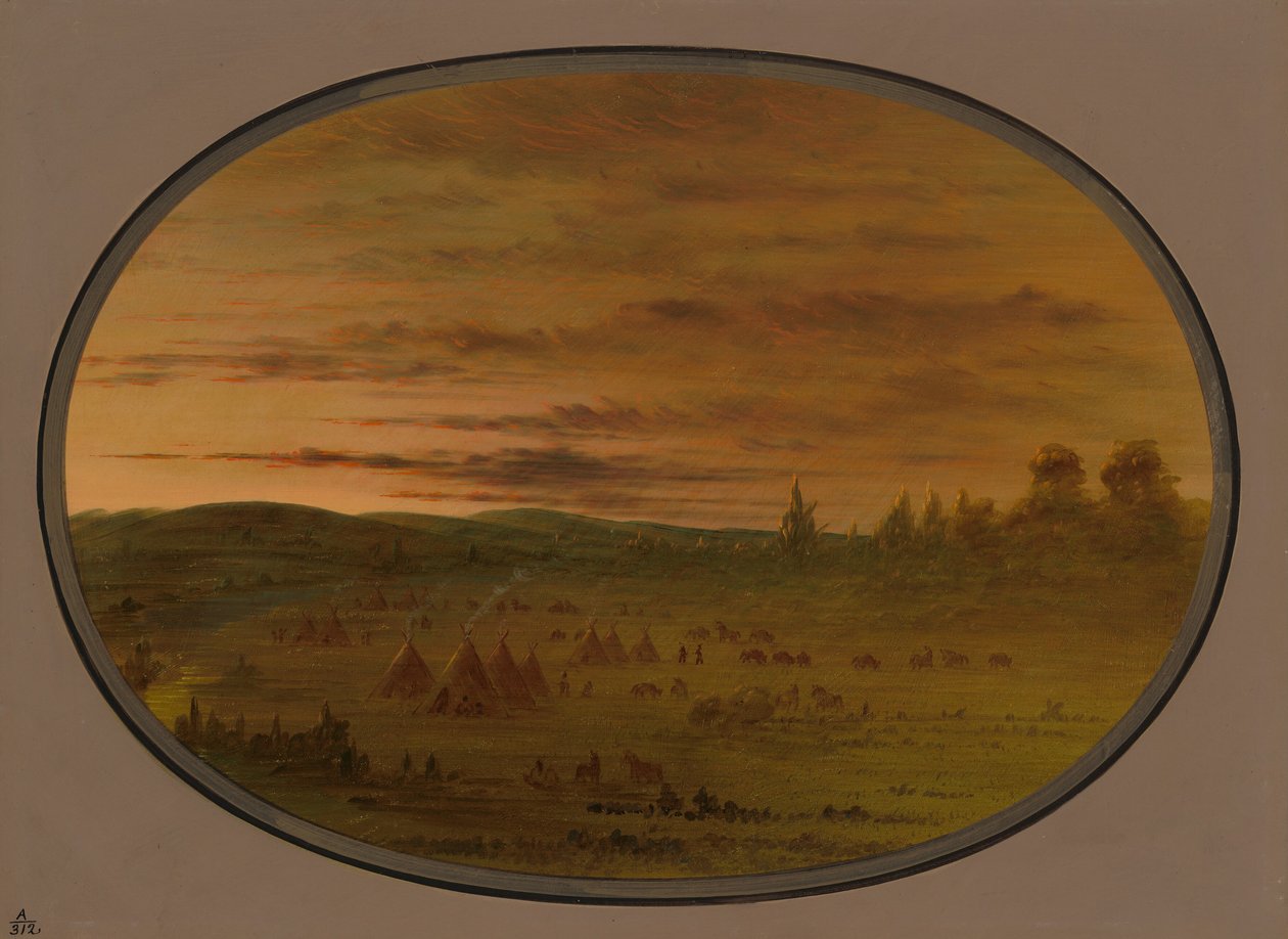 Een Indiaans kamp bij zonsondergang, 1861-1869 door George Catlin