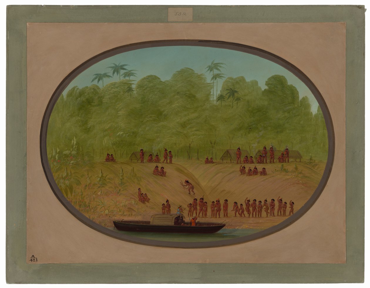 Een Omagua-dorp - Bootschets door George Catlin