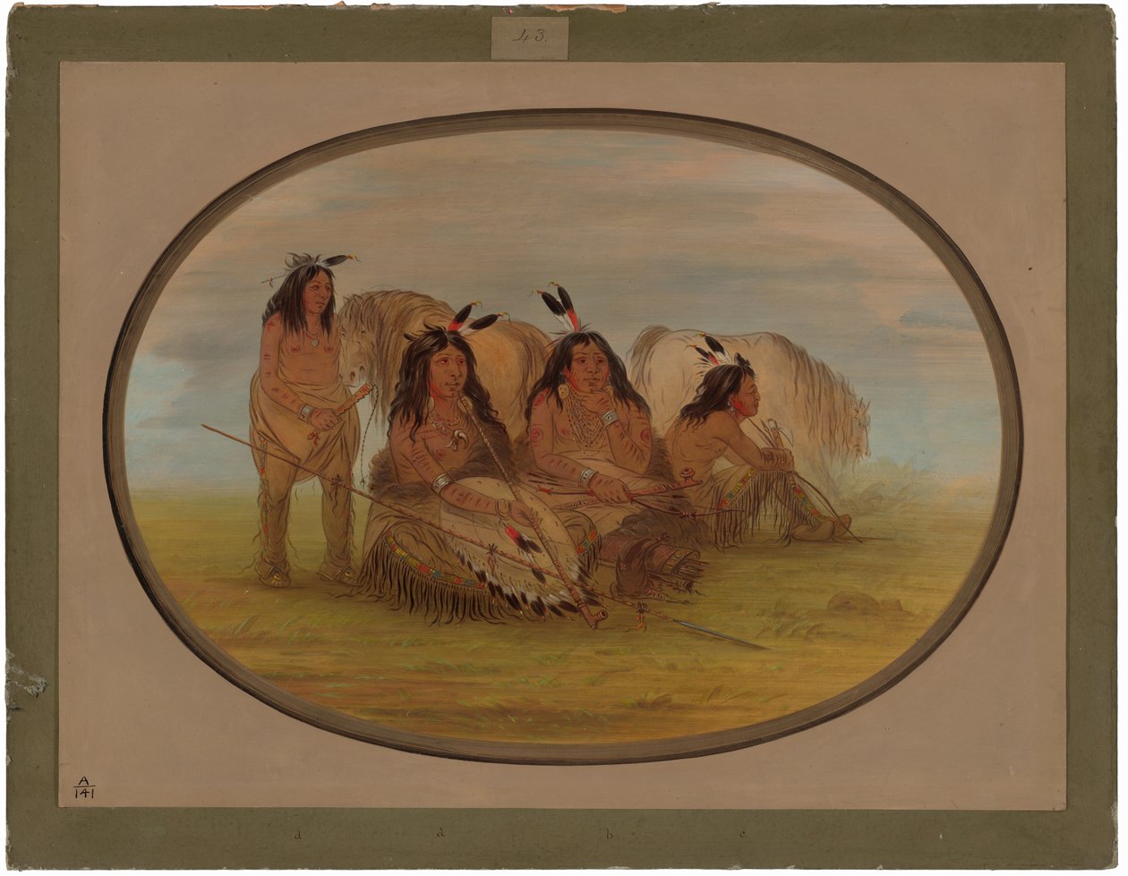 Camanchee-opperhoofd met drie krijgers door George Catlin