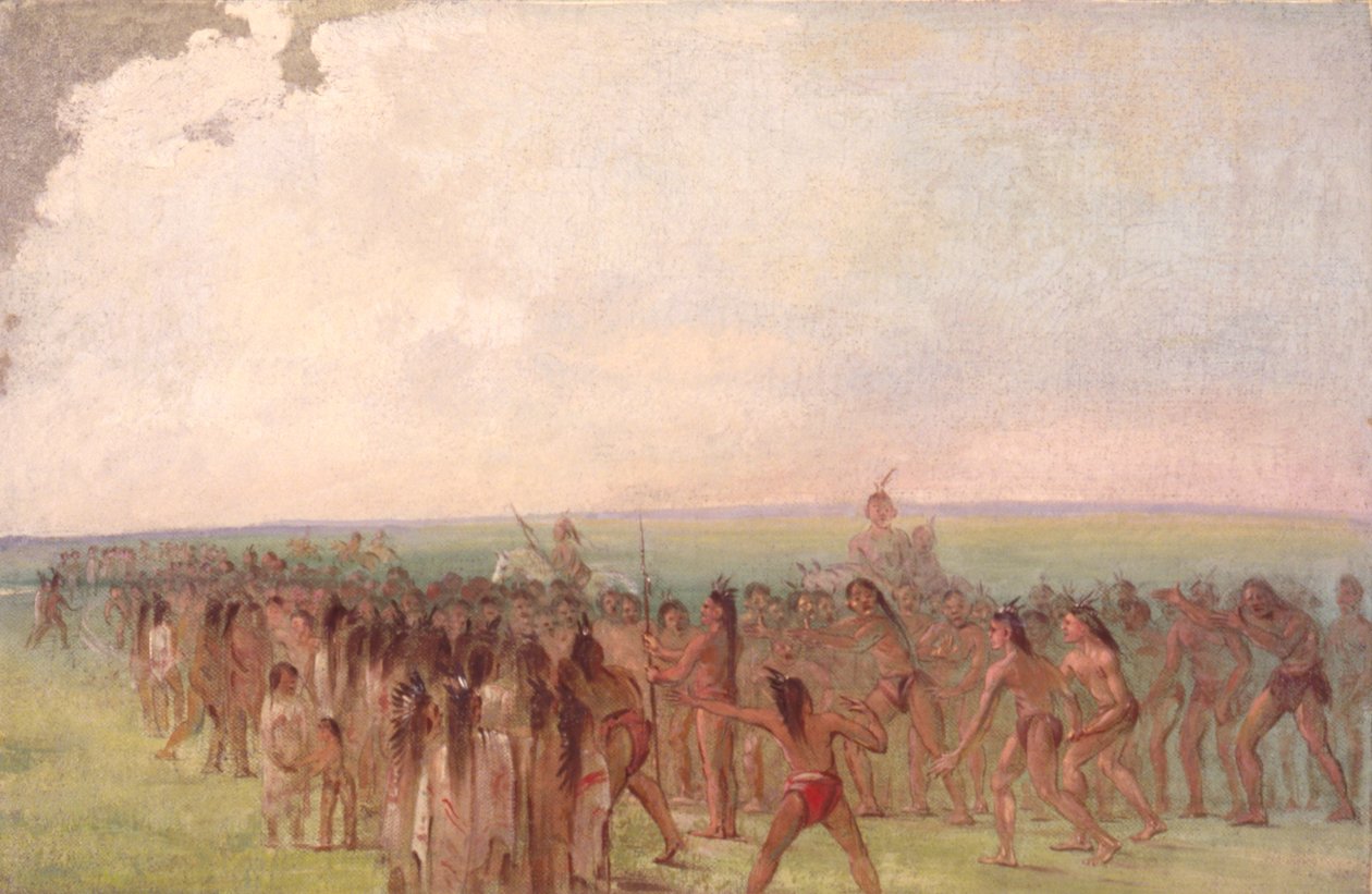 Voettocht achter het Mandan-dorp door George Catlin