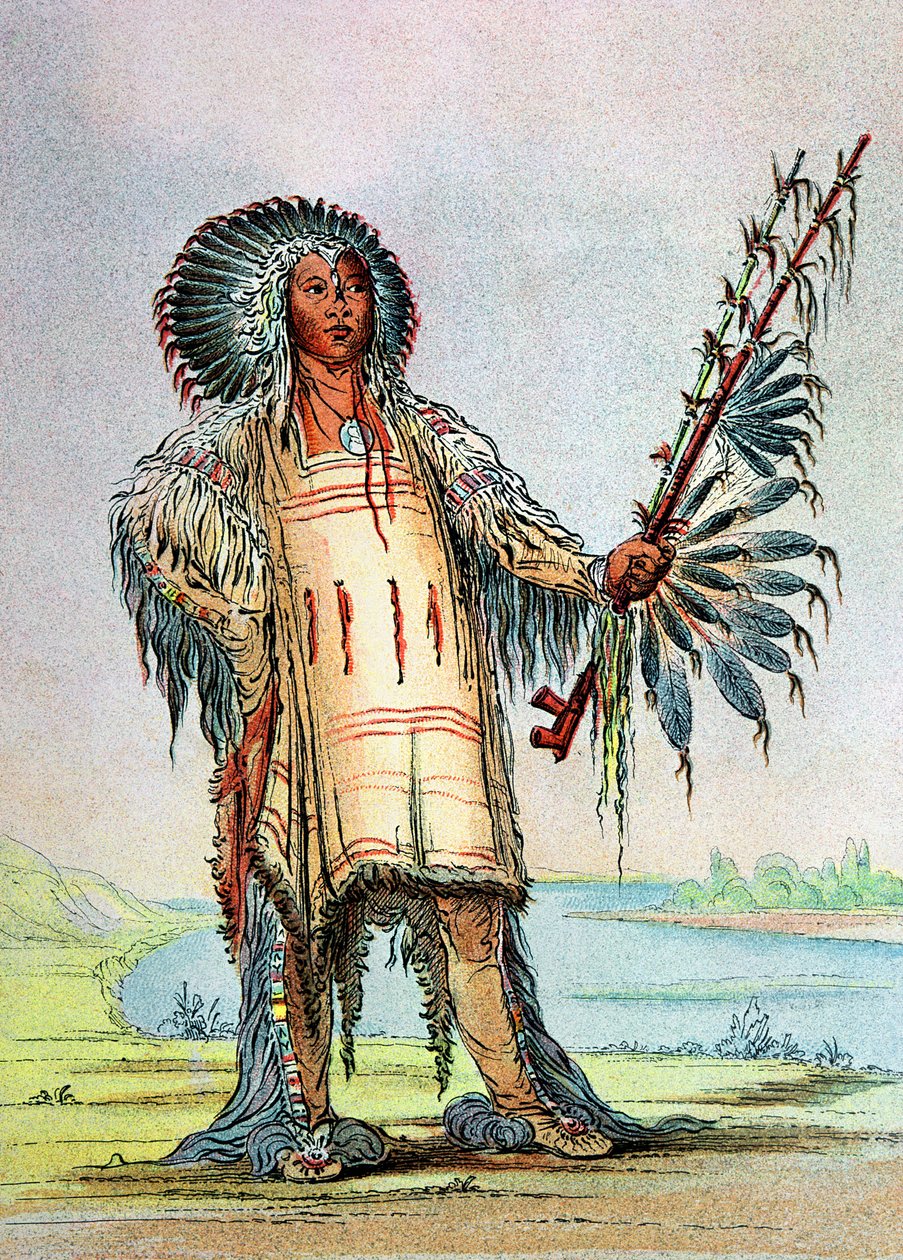 Mandan Indiaan Ha-Na-Tah-Muah, Wolfhoofd door George Catlin