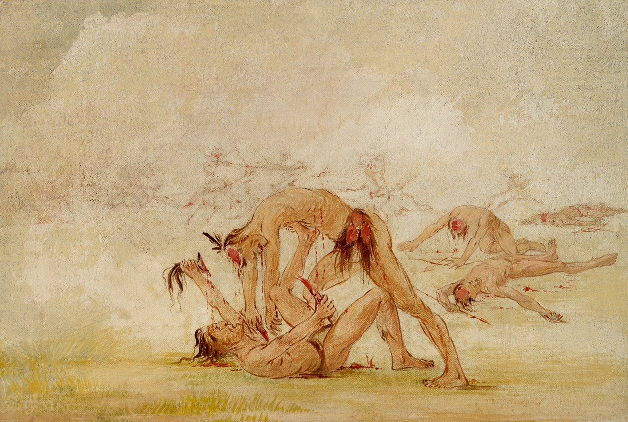 Mandan scalpeert een vijand door George Catlin