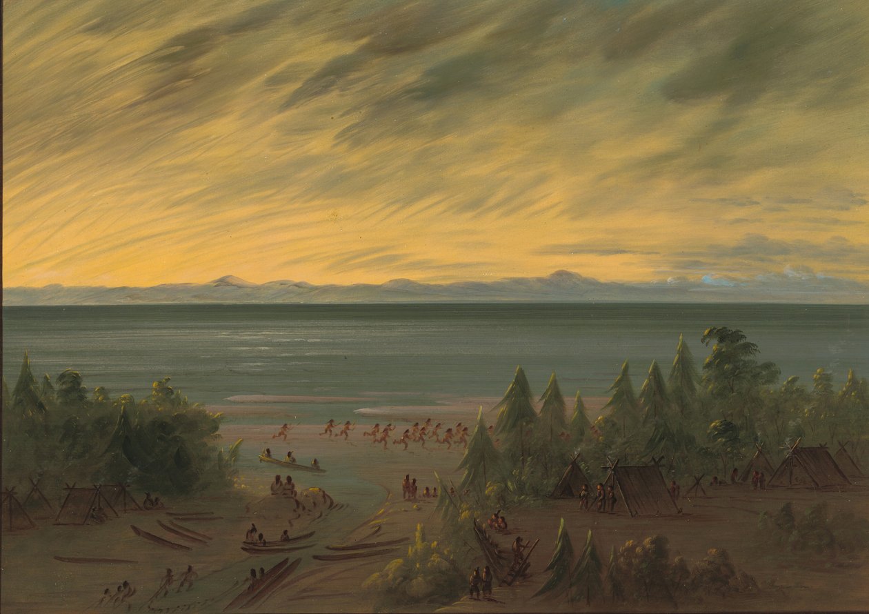 Nayas dorp bij zonsondergang door George Catlin