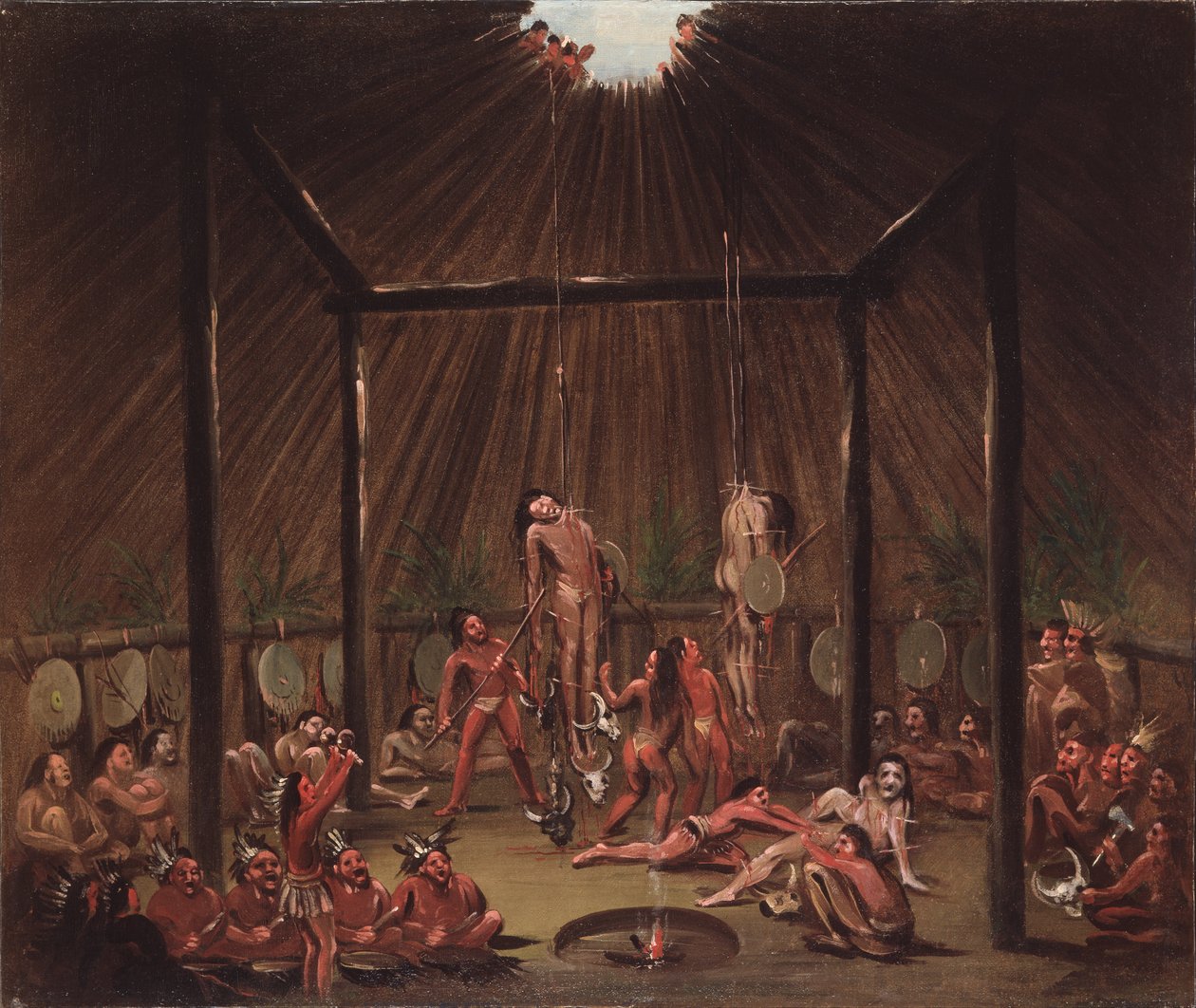 De snij scène, Mandan O-kee-pa ceremonie door George Catlin