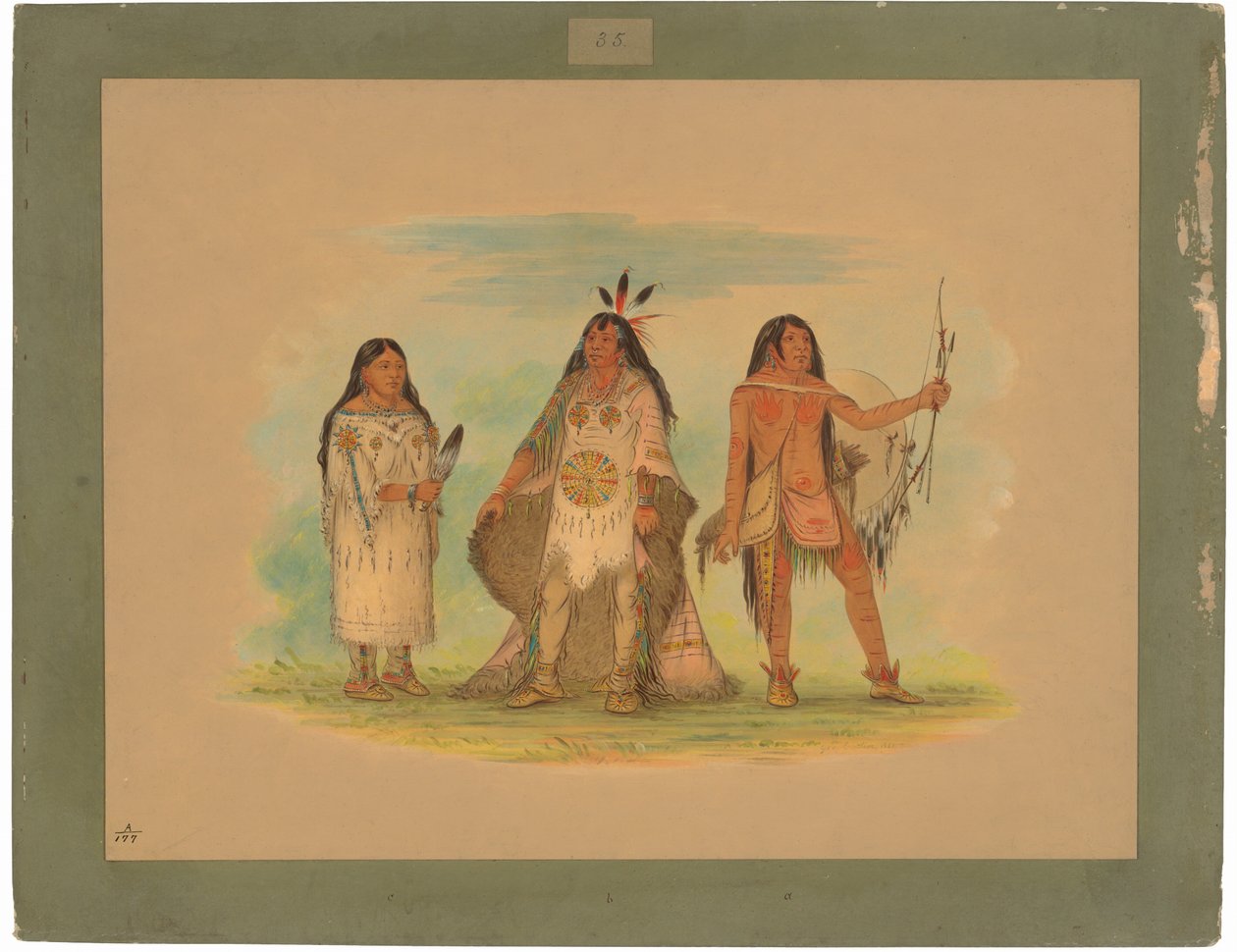 Drie Minatarree Indianen door George Catlin