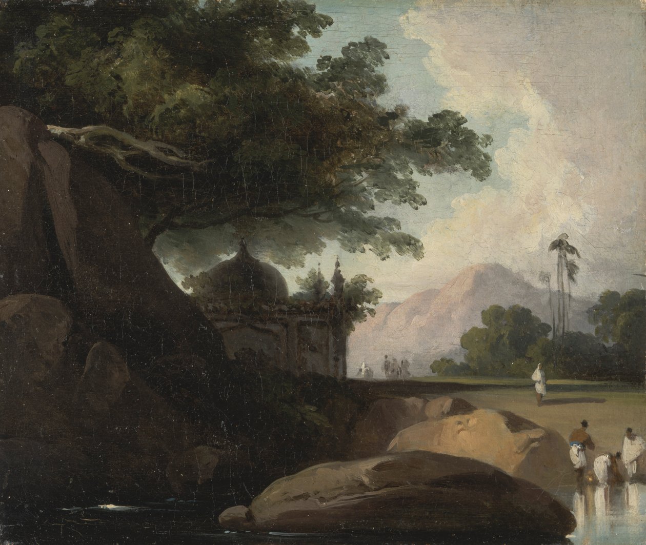 Indiaas landschap met tempel door George Chinnery