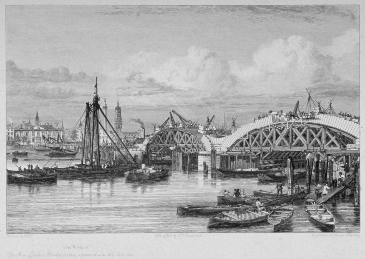 London Bridge in aanbouw, 1827 door George Cooke