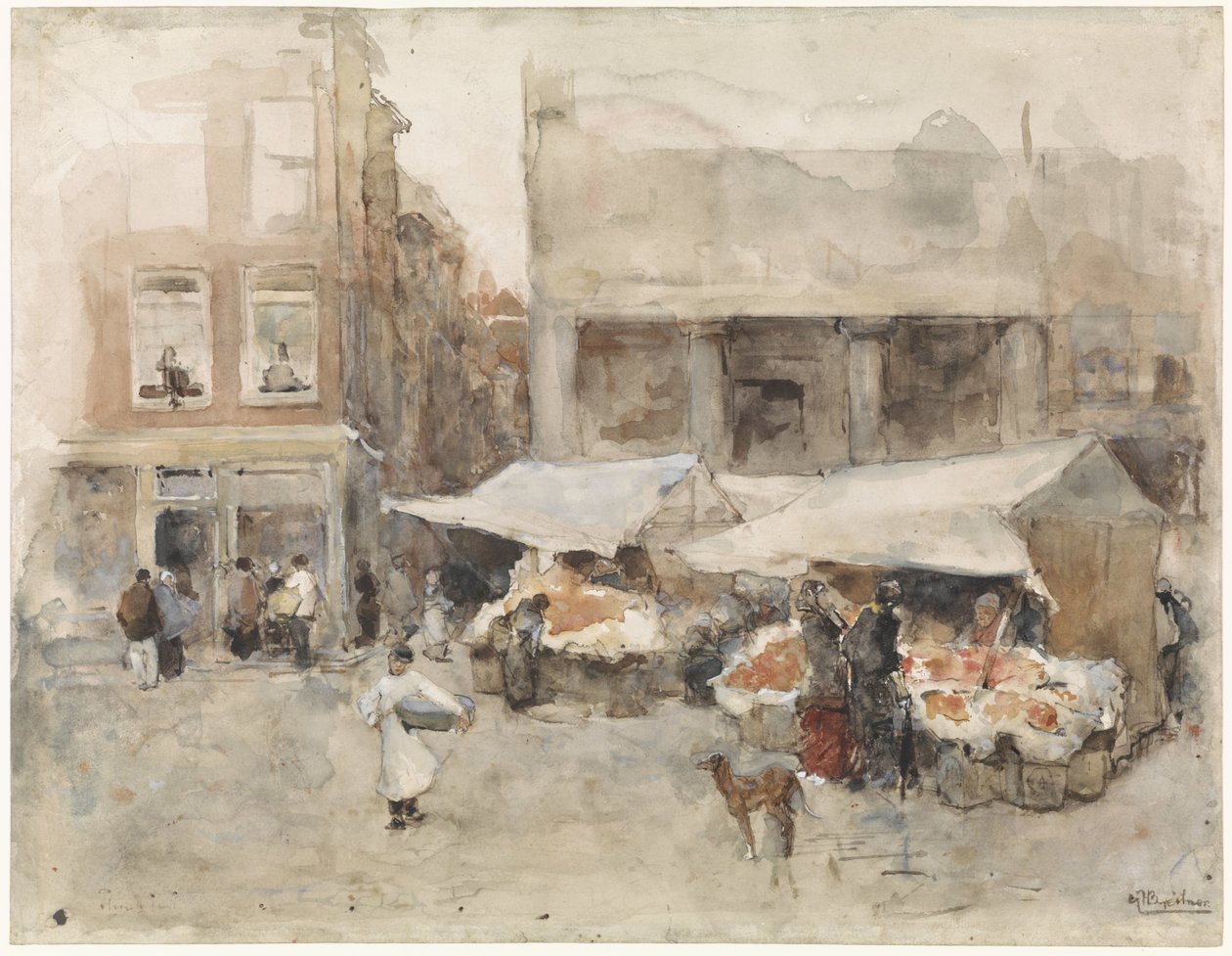 Markt met bloemenstalletjes door George Hendrik Breitner
