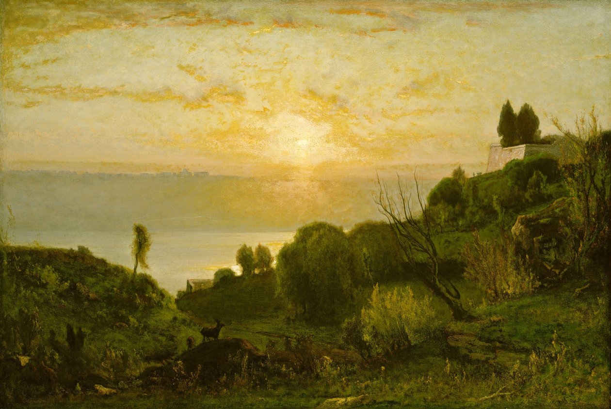 Meer Albano, zonsondergang, ca. 1874 door George Inness