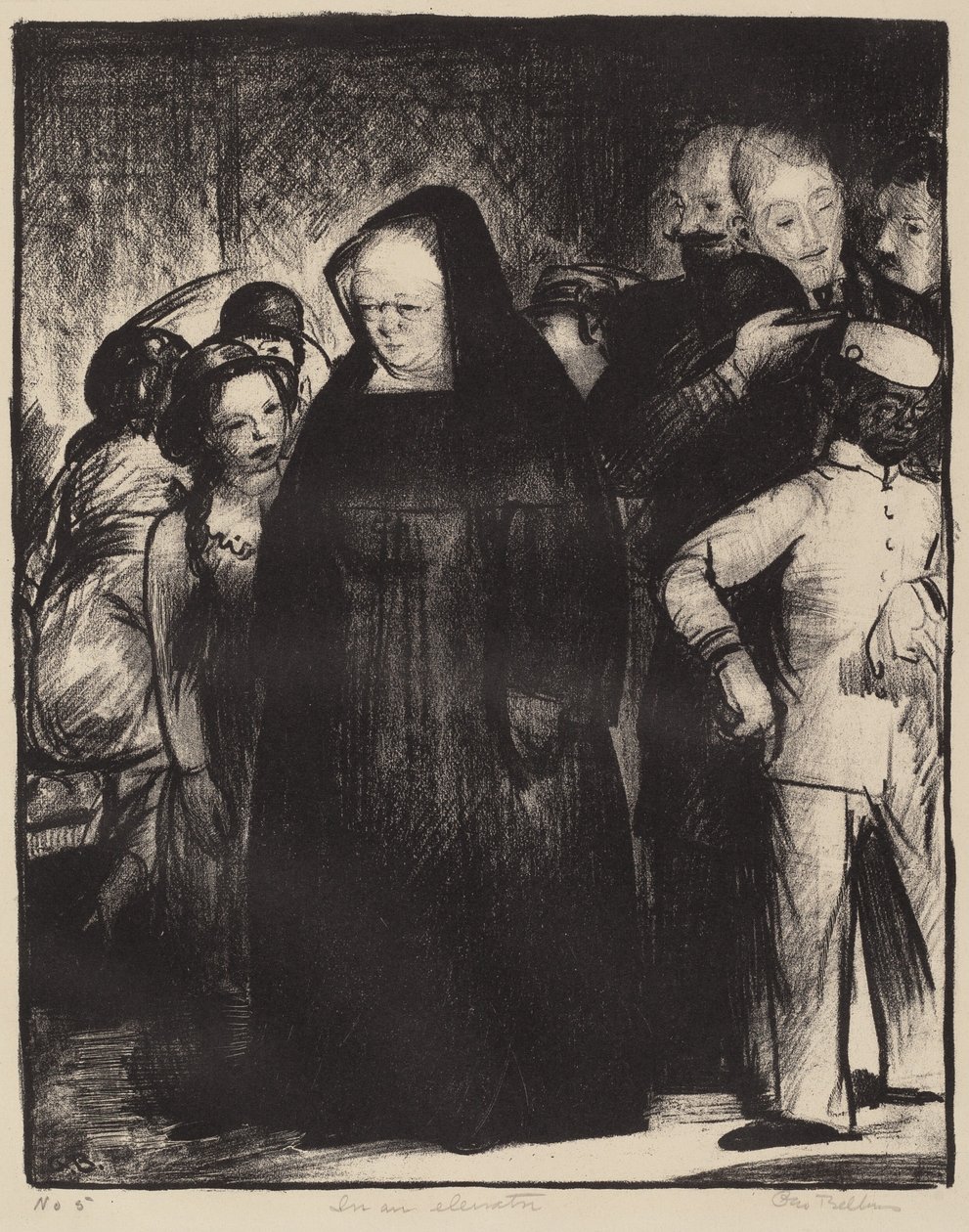 In een lift, 1916 door George Wesley Bellows