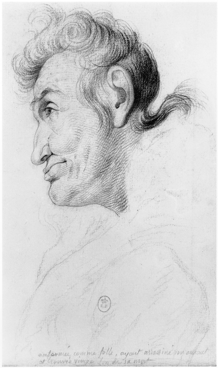 Opgesloten als gek, nadat ze haar minnaar had vermoord en maagd werd gevonden bij haar dood, illustratie uit een onuitgegeven verhandeling van Jean Etienne Dominique Esquirol (1772-1840) over de gekken van de Salpêtrière door Georges Francois Gabriel