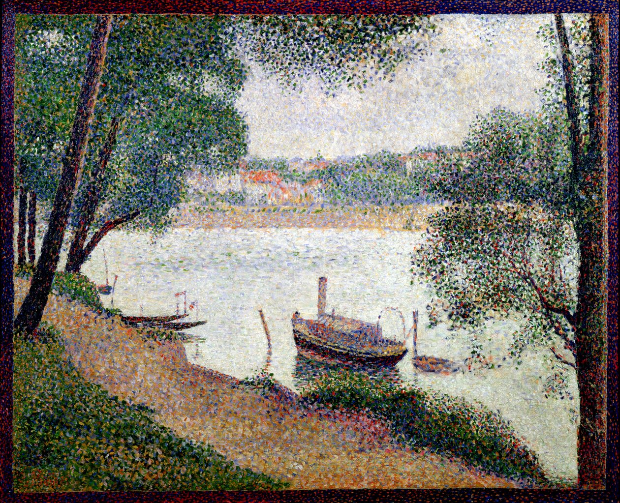Rivierlandschap met een boot door Georges Seurat