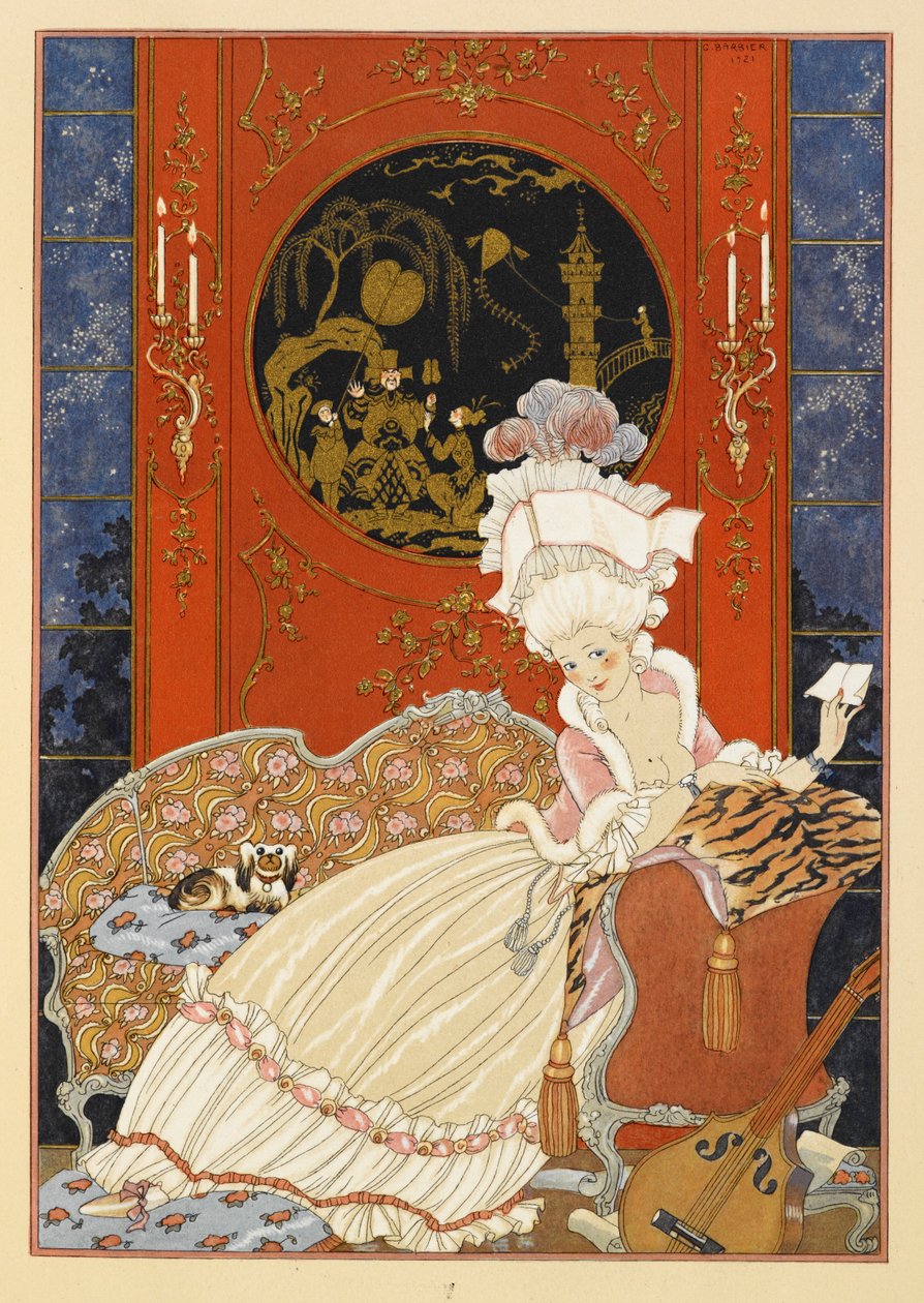 Lettre. Een vrouw die een brief leest. door Georges Barbier