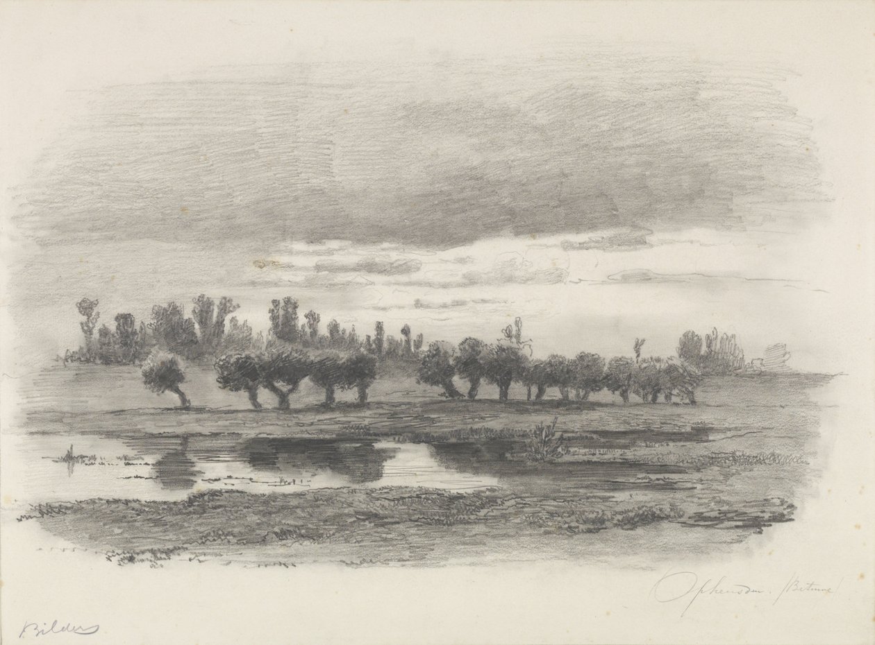 Gezicht over de uiterwaarden bij Opheusden in de Betuwe, tekening door Gerard Bilders