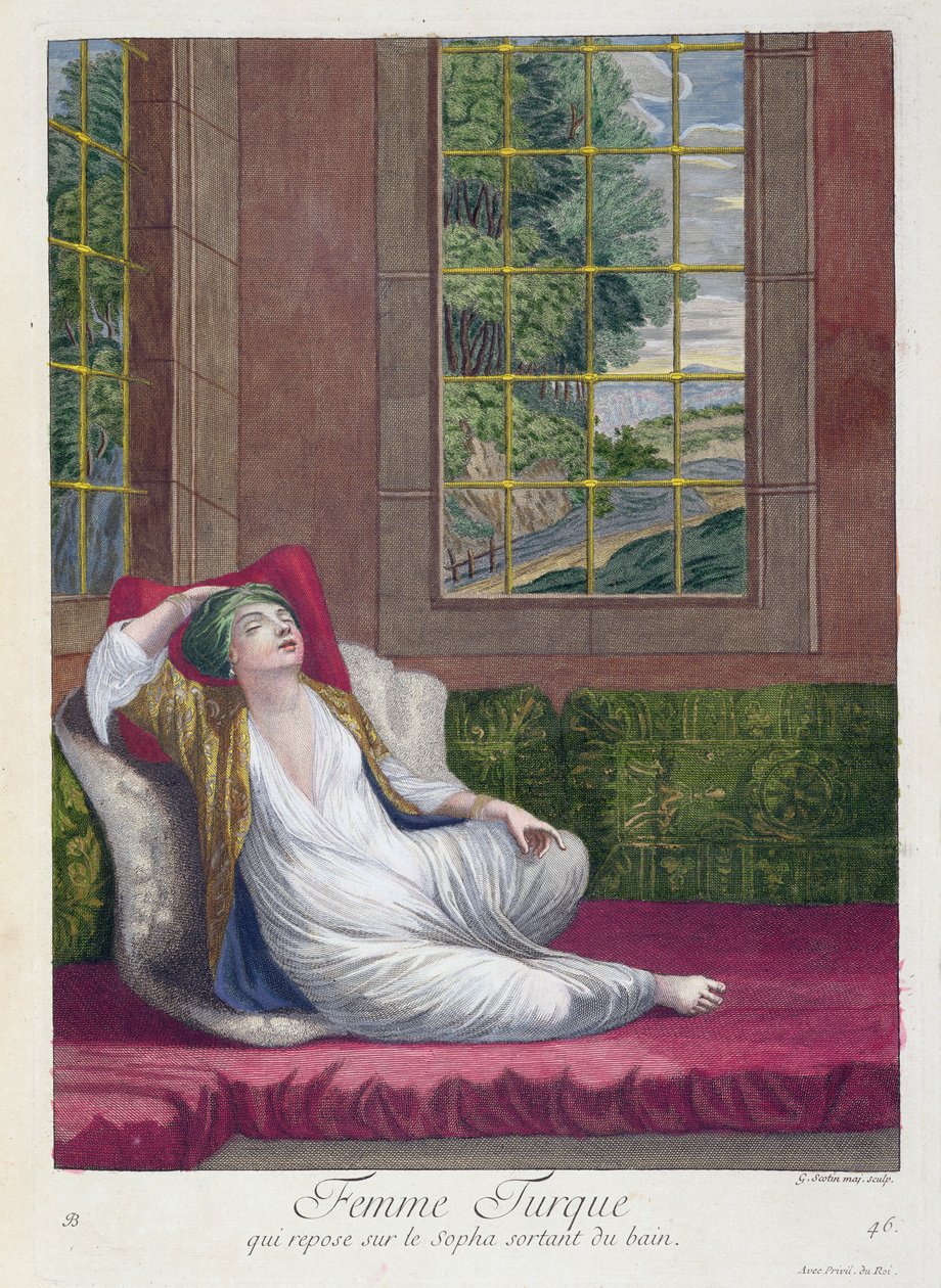 Turkse Vrouw, rustend op de bank na een bad door Gerard Jean Baptiste Scotin
