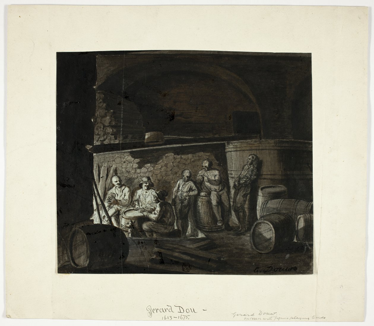 Wijnkelder met mannen die kaarten spelen door Gerrit Dou