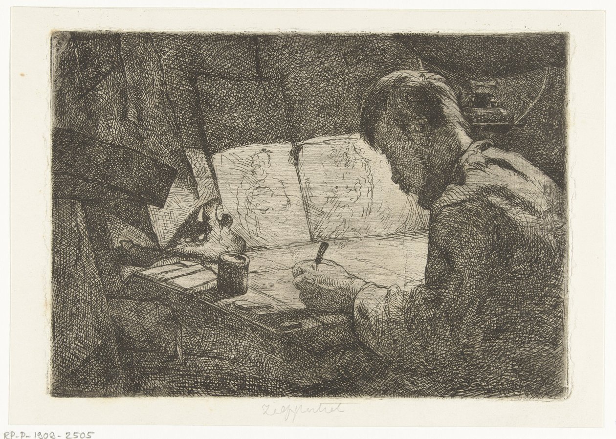 Zelfportret achter de tekentafel door Gerard Jan Bos