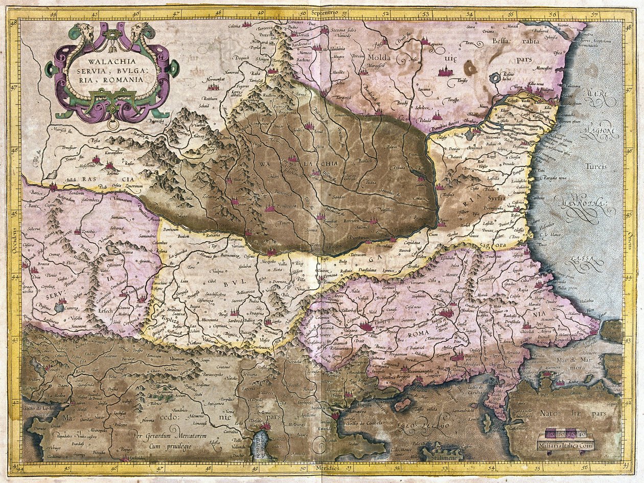 Bulgarije en Roemenië (gravure) door Gerardus Mercator
