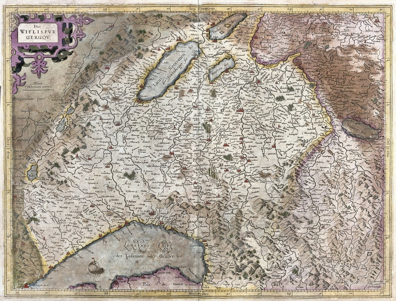 Noordoosten van Genève, Zwitserland (gravure) door Gerardus Mercator