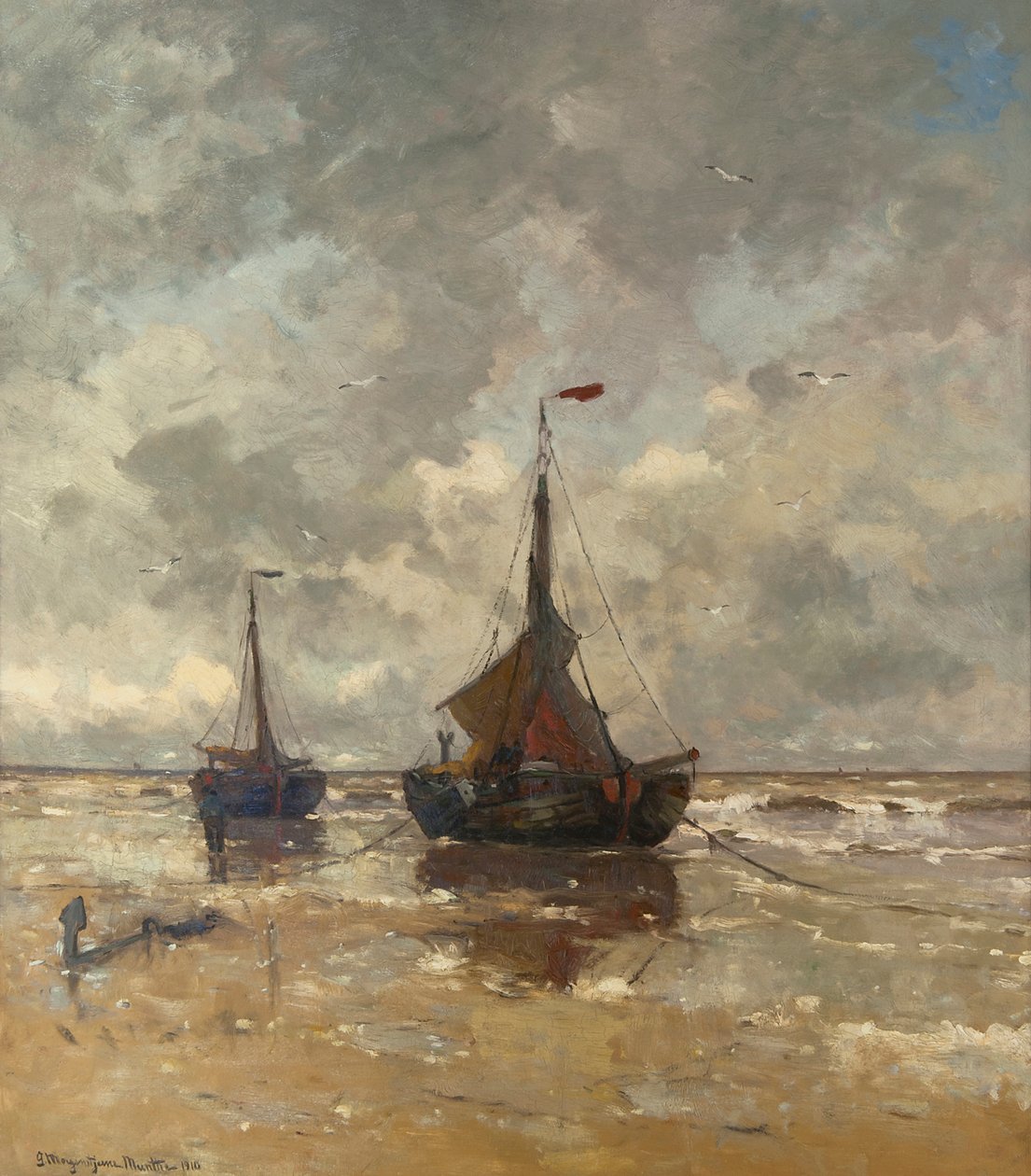 Twee bomschuiten op het strand door Gerhard Morgenstjerne Munthe