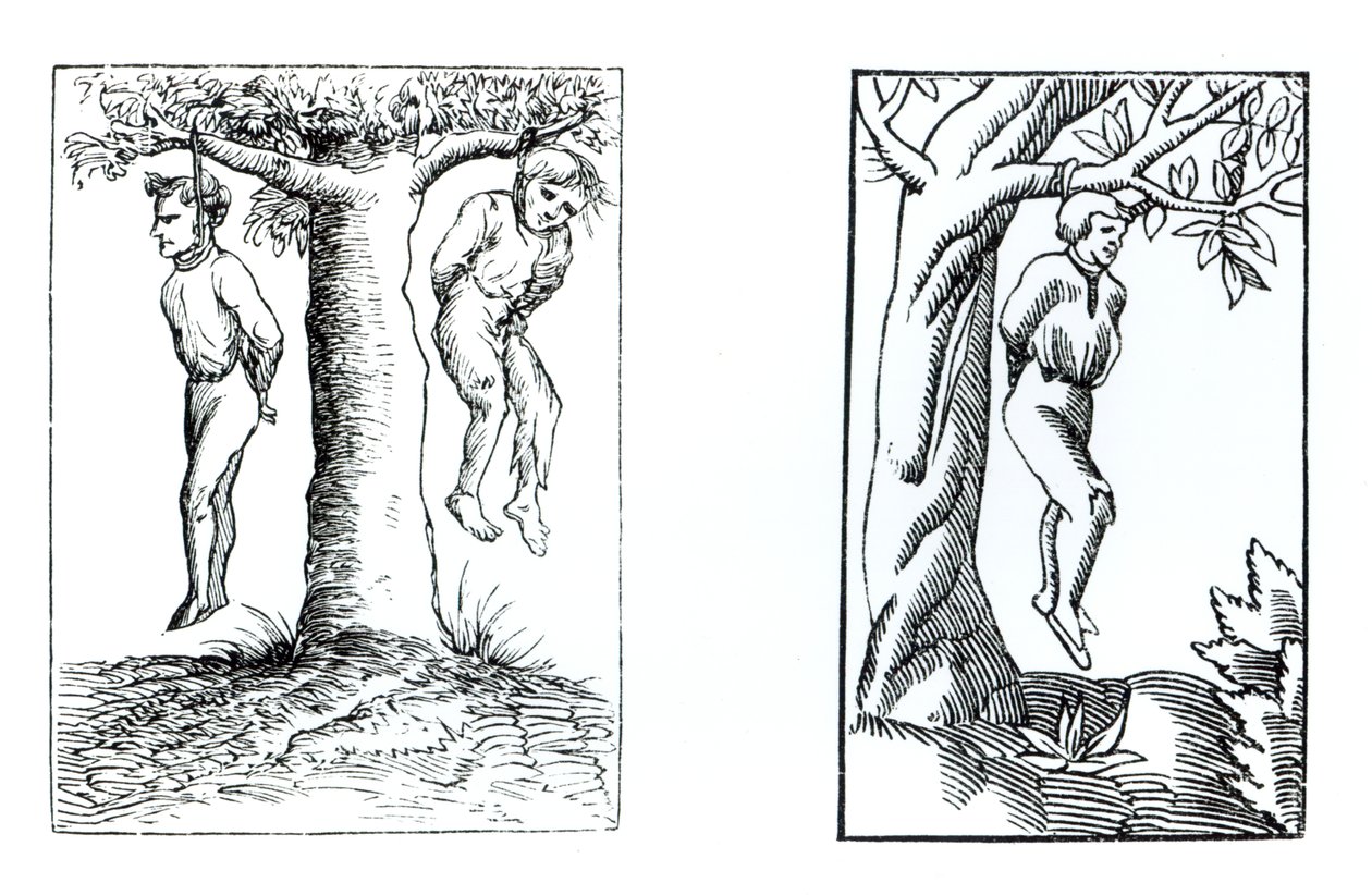 Uitvoering van de vonnissen van het geheime tribunaal, naar houtsneden in Cosmographie Universelle van Munster, gepubliceerd 1552 door German School