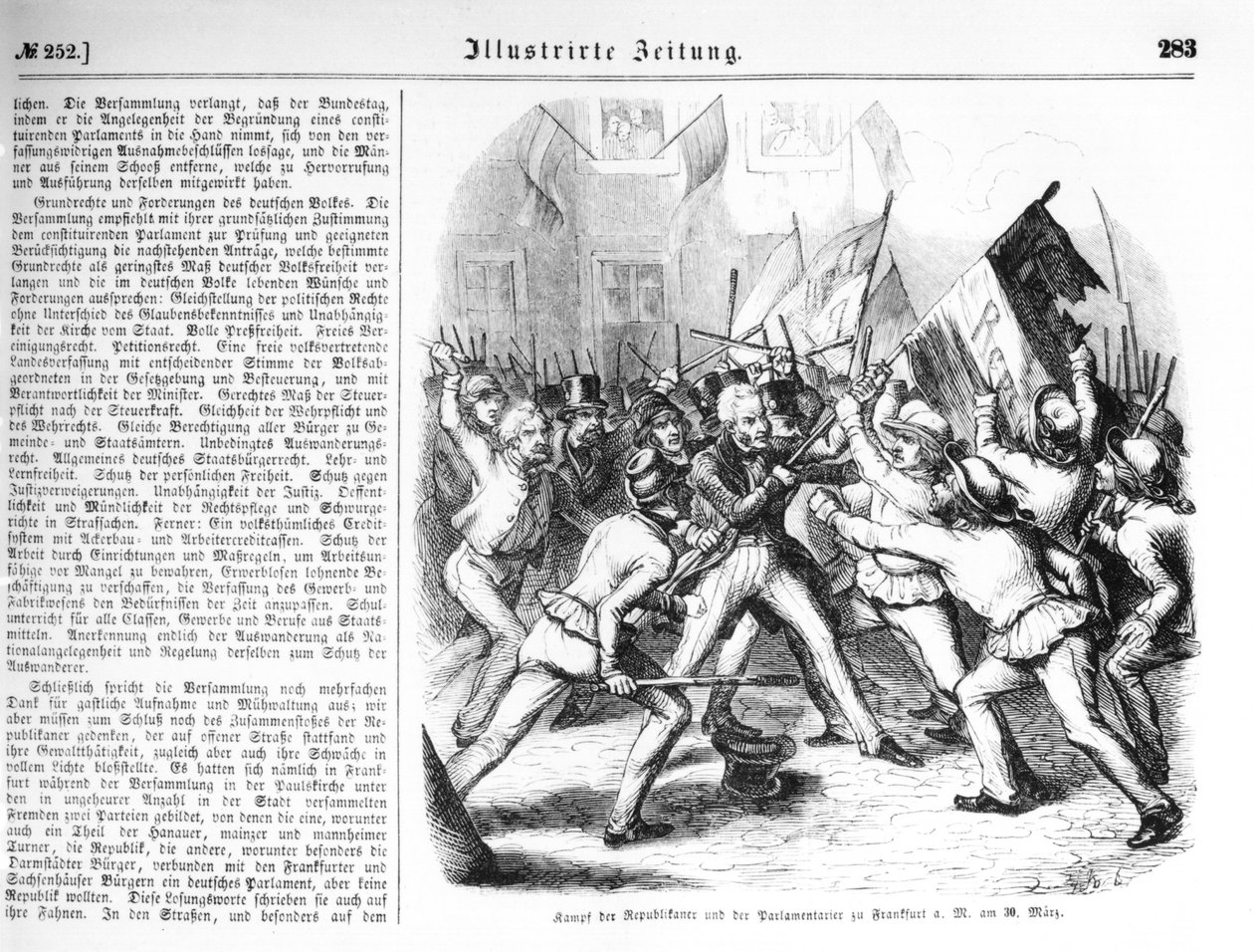 Gevecht tussen de Republikeinen en de parlementsleden in Frankfurt-am-Main op 30 maart 1848, illustratie uit 