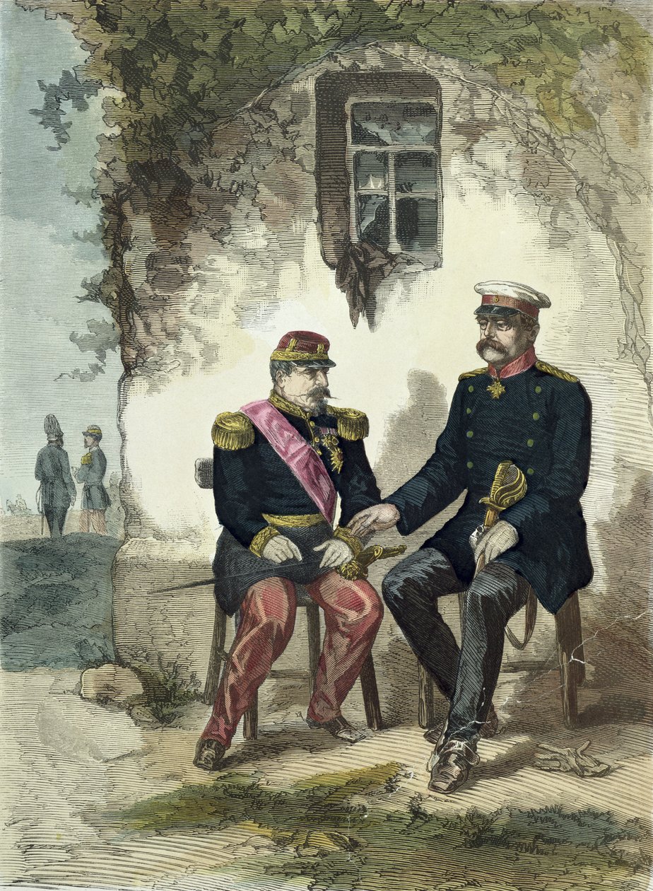 Ontmoeting tussen Otto von Bismarck (1815-98) en Napoleon III (1808-73) in Donchery, 2 september 1870 door German School