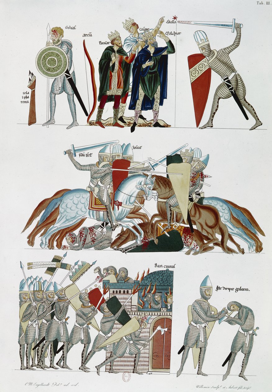 De Wijzen, de Slag van Jozua en de Belegering van Dan, uit de Hortus Deliciarum door Herrade de Landsberg, facsimile kopie van een 12e-eeuws manuscript door German School
