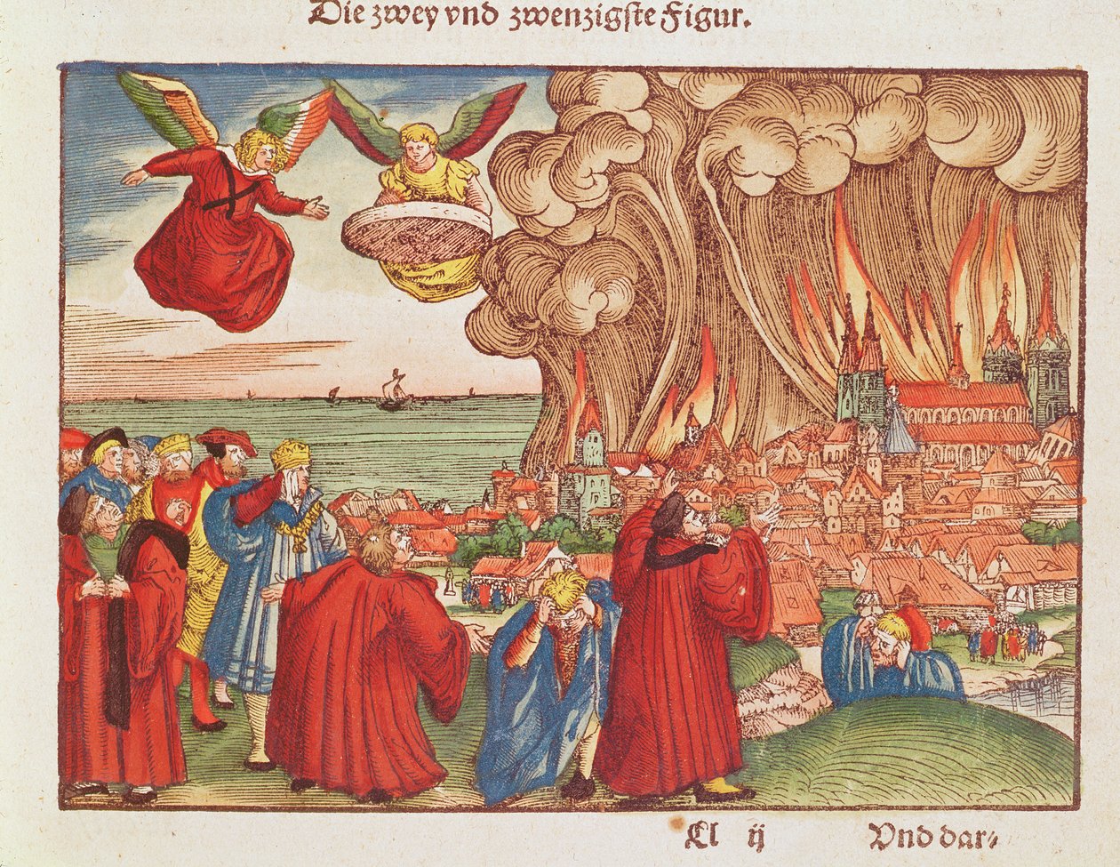 Openbaring 18: Babylon in brand, 1e editie, uit de Lutherbijbel, c.1530 (gekleurde houtsnede) door German School