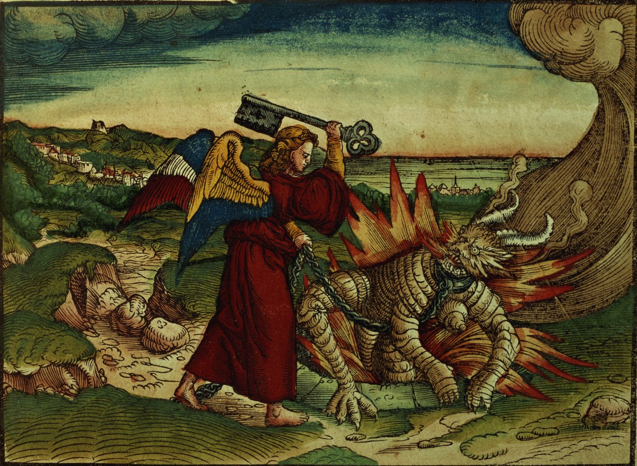 Openbaring 20:18 Sleutel van de bodemloze put, 1e editie, uit de Lutherbijbel, c.1530 door German School