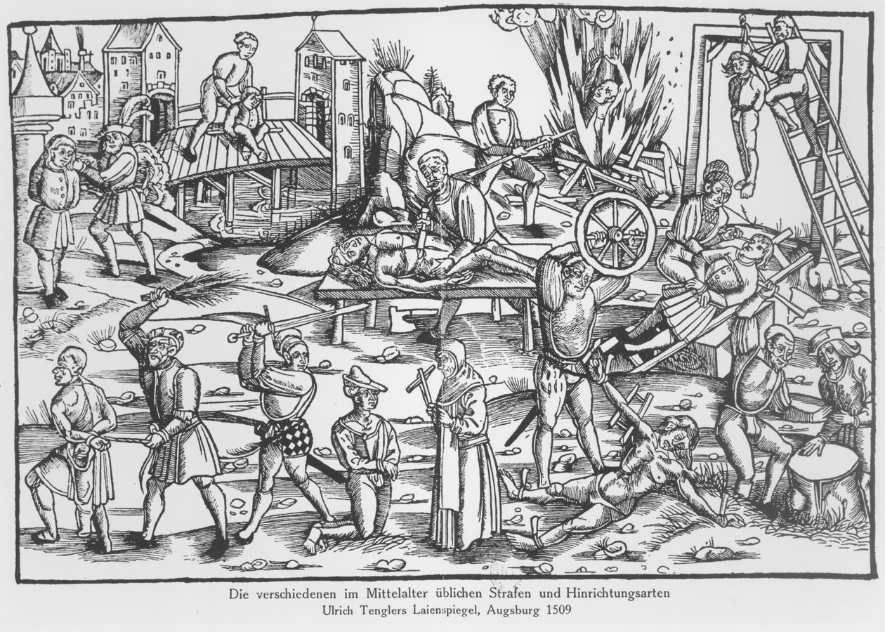 De gebruikelijke straffen in Duitsland tijdens de Middeleeuwen, illustratie uit Laienspiegel door Ulrich Tengler, gepubliceerd Augsburg 1509 door German School