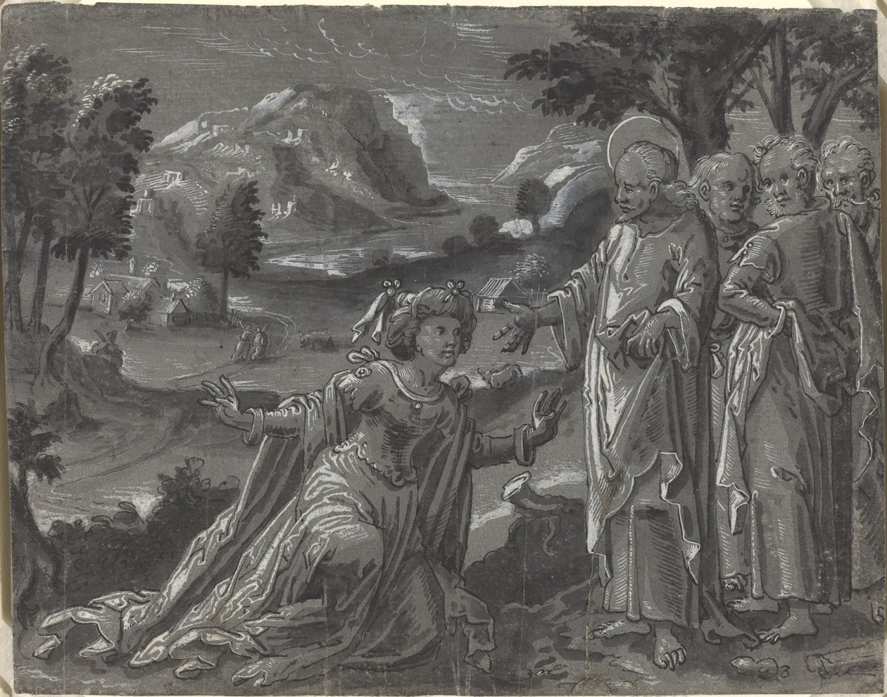 Christus en de overspelige vrouw [recto] door German 16th Century