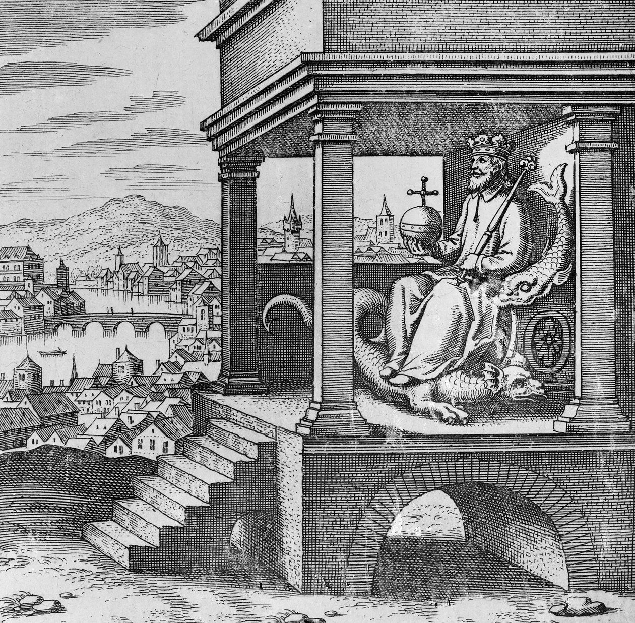 Gekroonde koning op troon uit Musaeum Hermeticum door German School