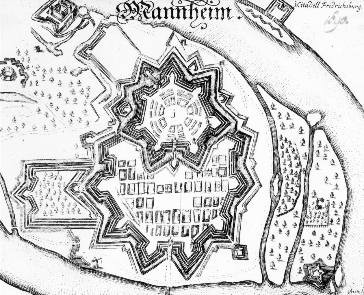 Plan van Mannheim, Duitsland 1690 door German School
