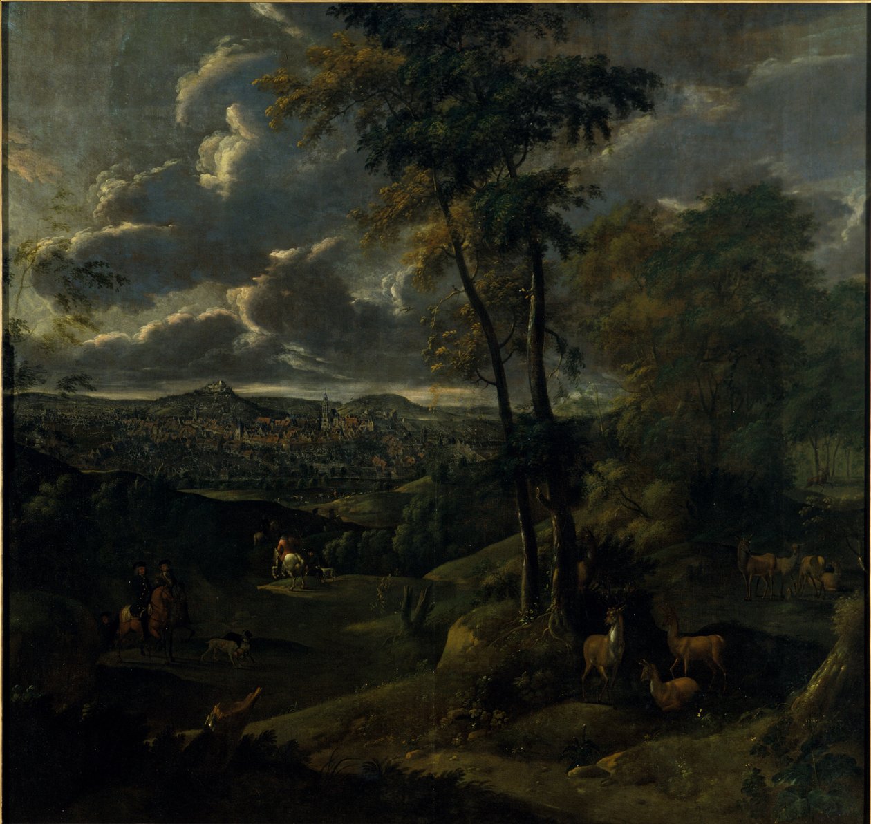 Ruiter in een landschap met een stad door German School
