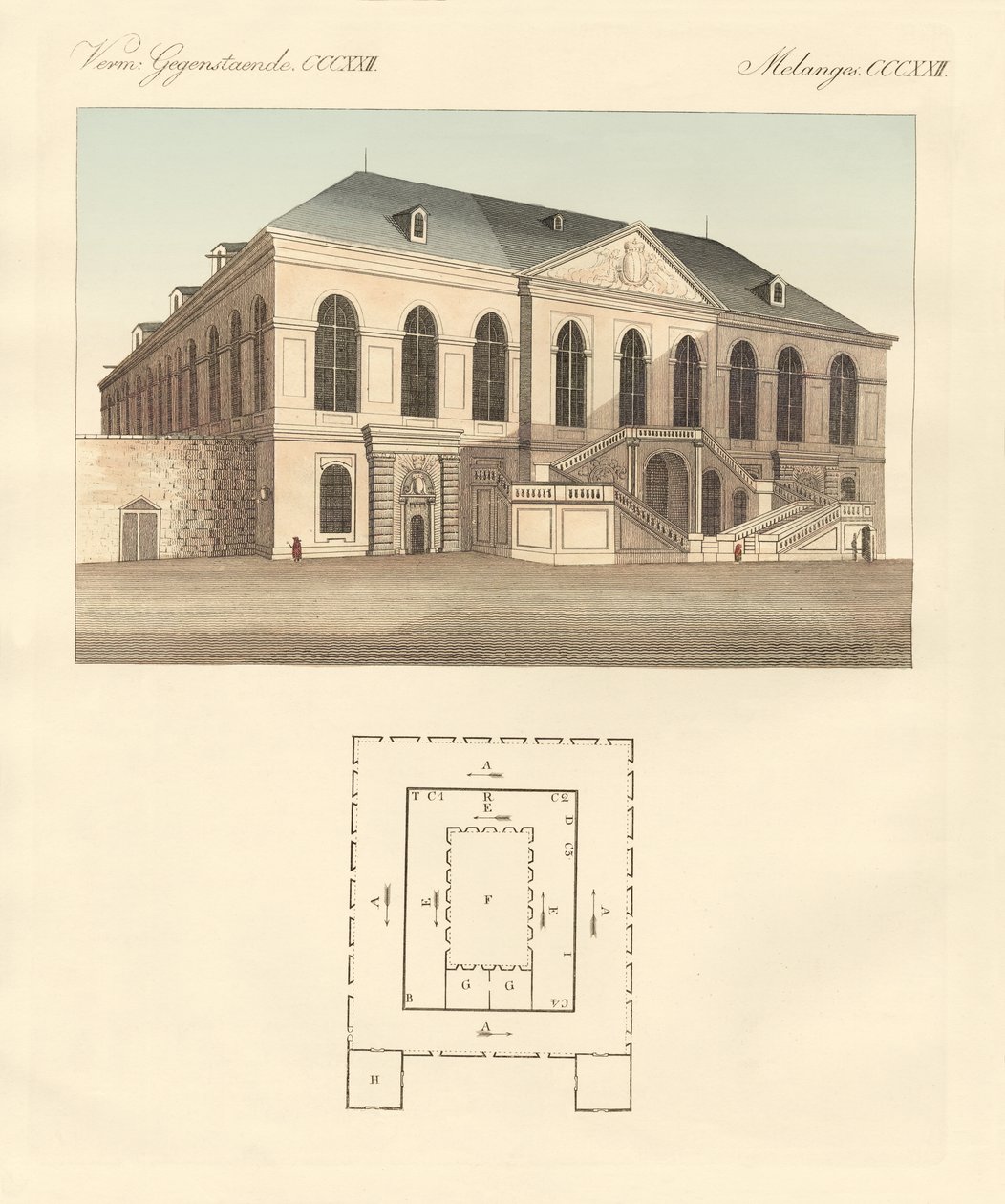 Vreemde gebouwen (gekleurde gravure) door German School