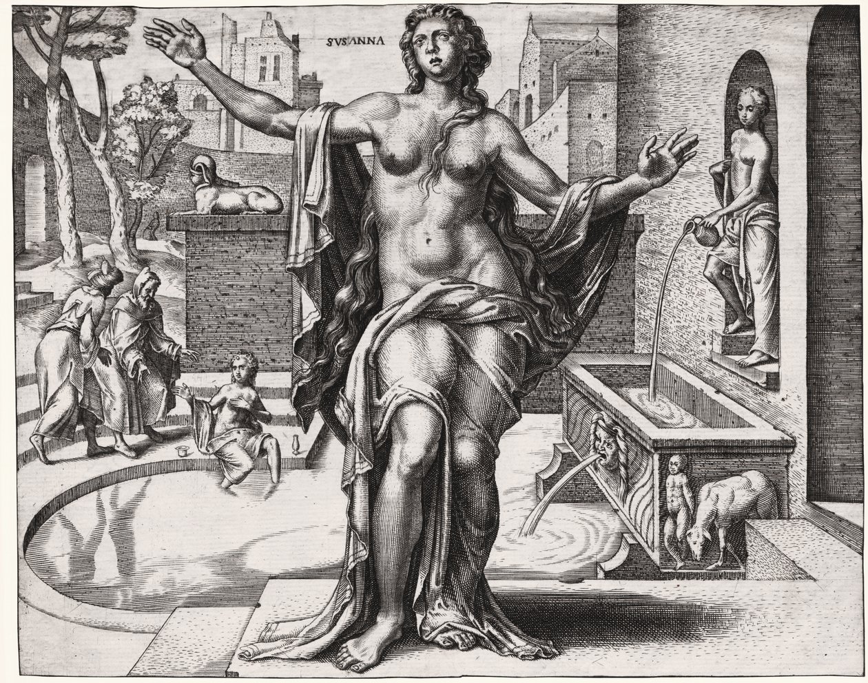 Suzanne in bad (gravure) door German School