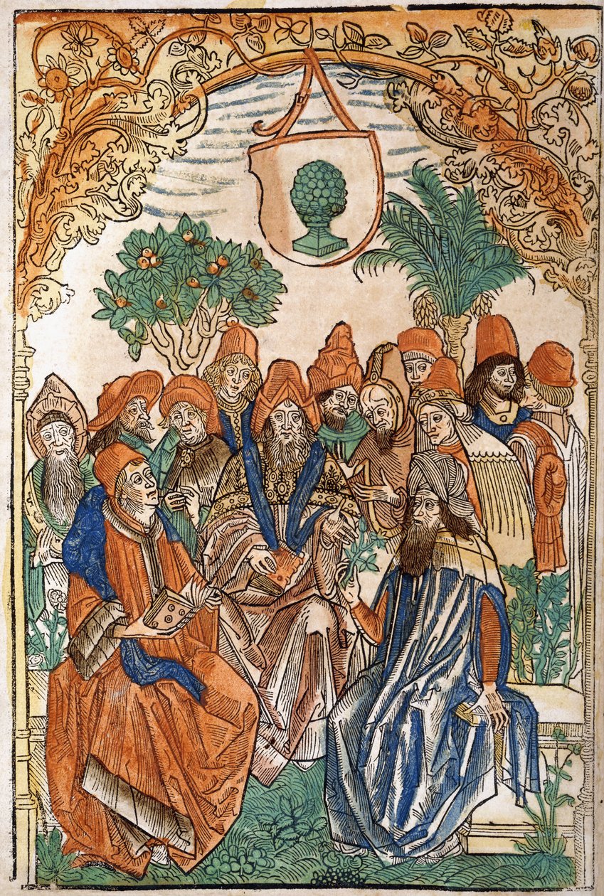 Dertien geleerden in een tuinsetting, 1485 door German School