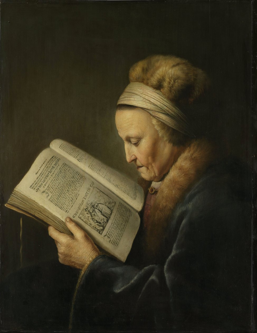 Portret van een oude vrouw die leest door Gerrit Dou