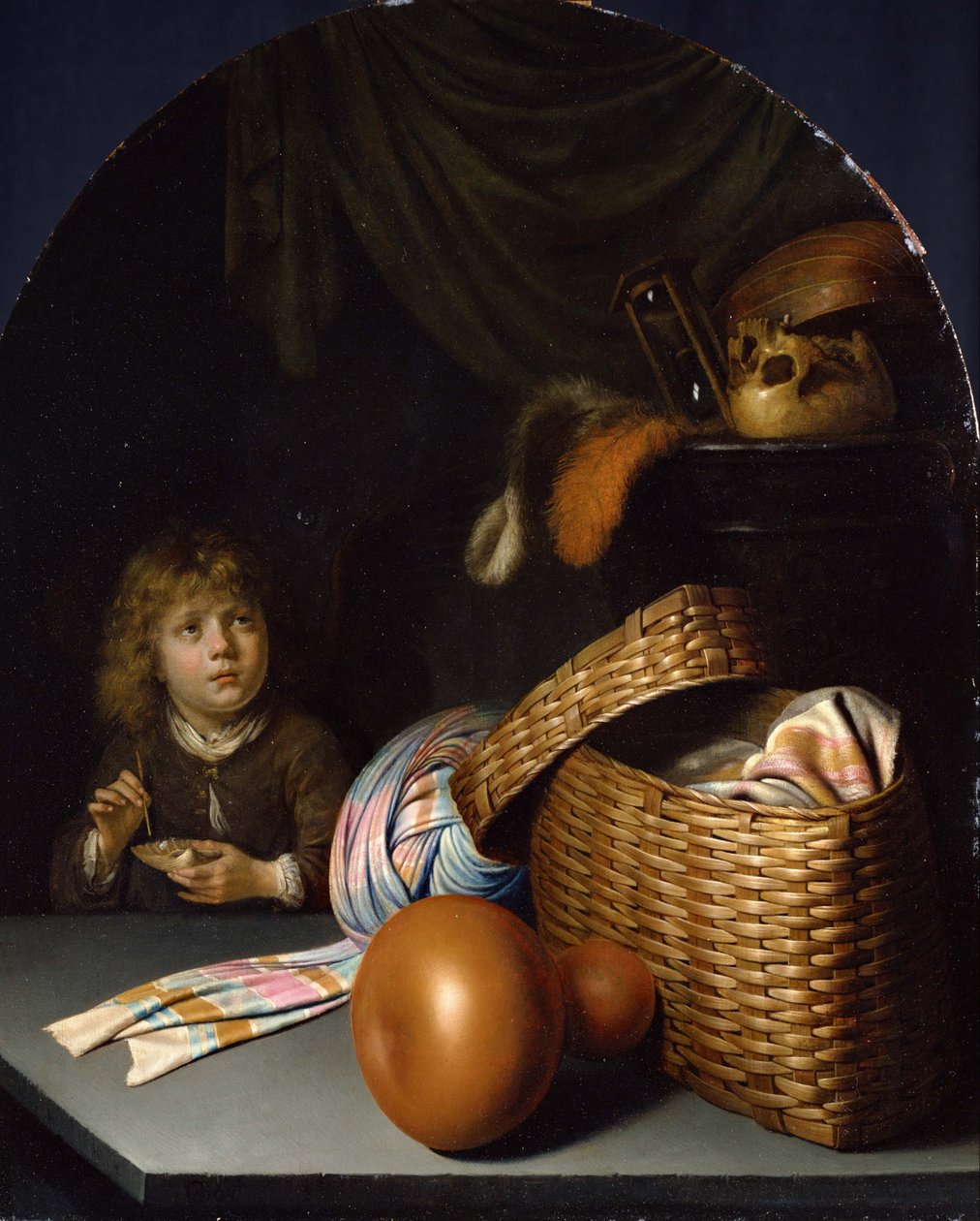 Stilleven met jongen die zeepbellen blaast. door Gerrit Dou