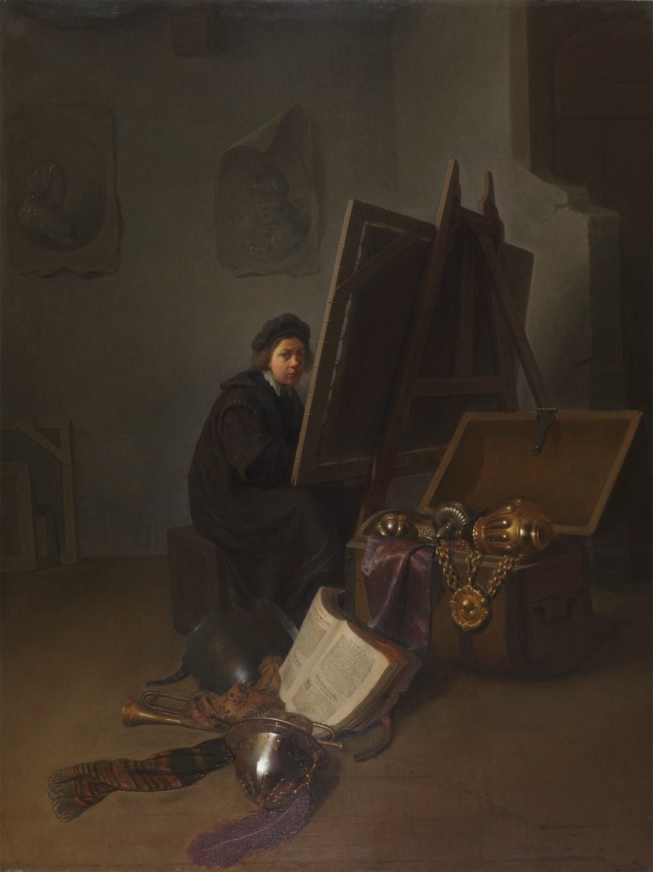 Zelfportret () op een schildersezel door Gerrit Dou