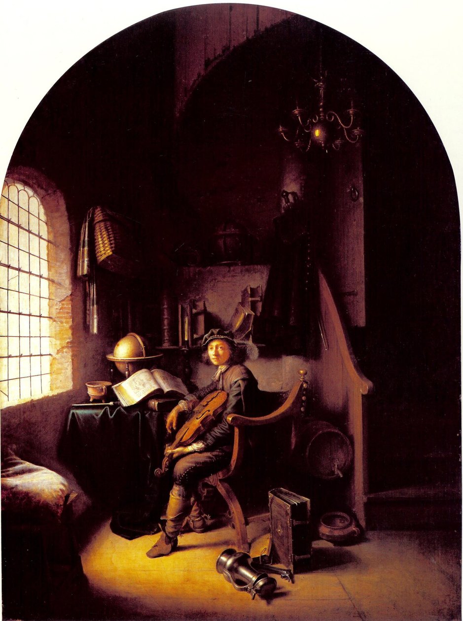 Jonge violist zittend in zijn studeerkamer door Gerrit Dou