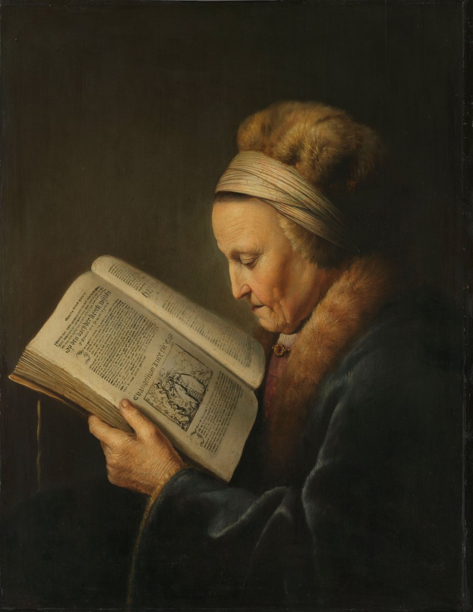 Oude Vrouw die Leest door Gerrit Dou