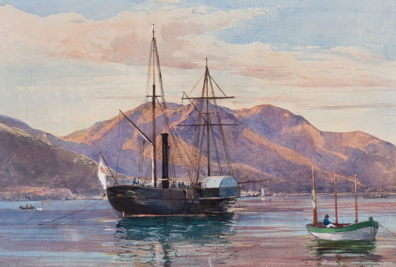 Gaeta: een stoomfregat, mogelijk het koninklijke stoomschip Delfino of Archimede met de Borbone-vlag, met toevoegingen door een Borbone-leerling, mogelijk Prinses Maria Annunziata di Borbone (1843-1871) door Giacinto Gigante