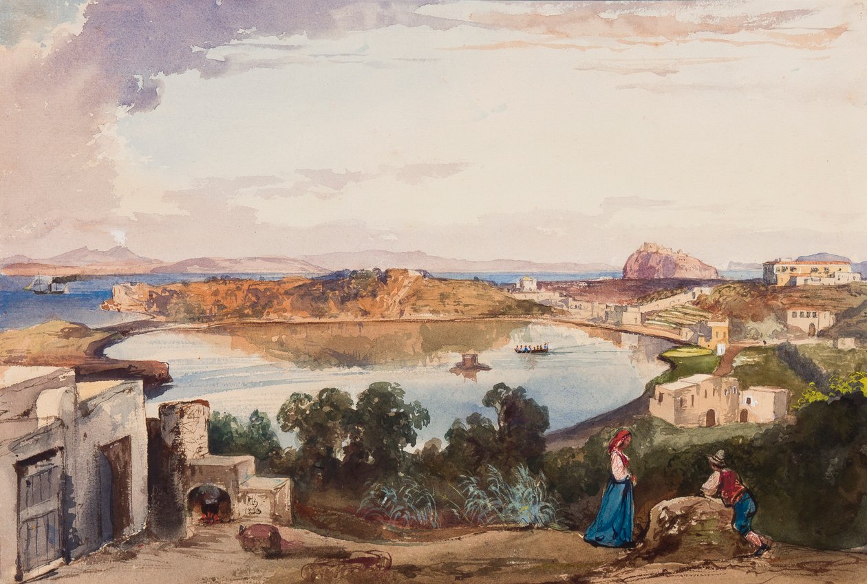 Ischia, de caldera net voor de ingang naar de zee werd gesneden, Koninklijk Paleis rechts, met toevoegingen door Prins Alfonso Maria di Borbone (1841-1934), 1853 door Giacinto Gigante