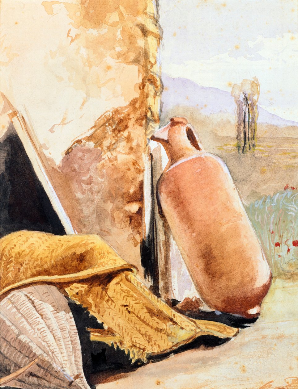 Stilleven met kruik en landschap door Giacinto Gigante