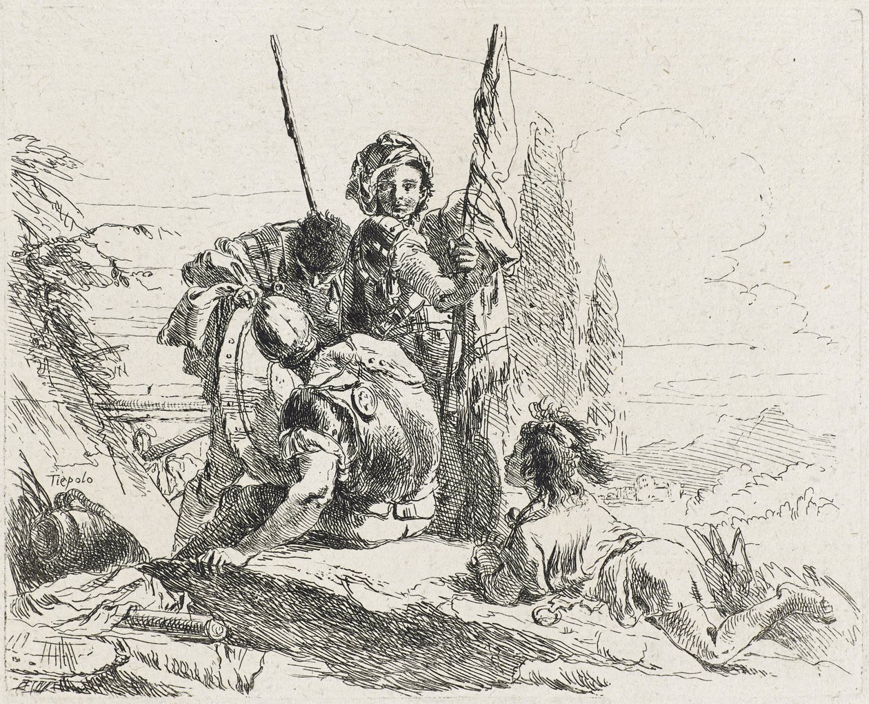 Drie Soldaten en een Jongen, 1749 door Giovanni Domenico Tiepolo