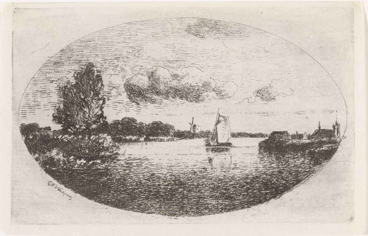 Riviergezicht met een zeilschip door Gijsbertus Johannes Verspuy