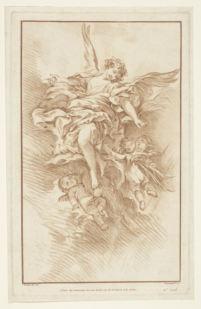 Engel met drie putti in wolken door Gilles Demarteau